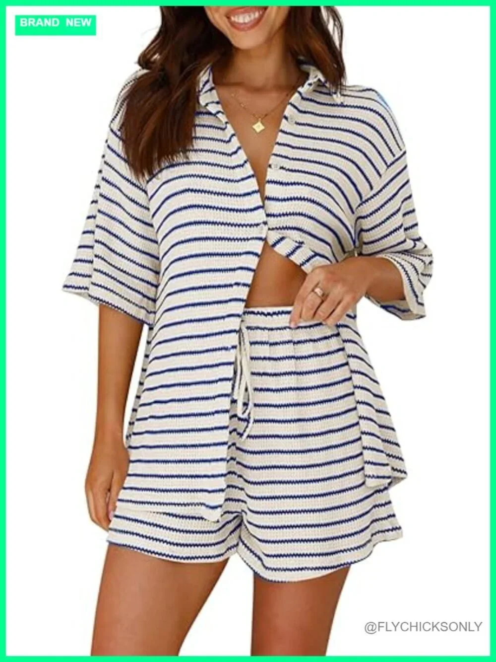 Waffle Knit Button Down Shirt and Shorts Set
